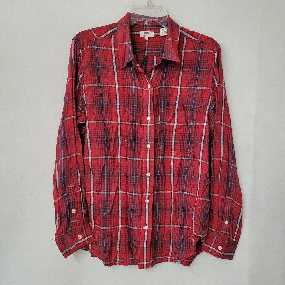 Levis Shirt Womens L Red Plaid Rayon Long‎ Sleeve Button Up Logo